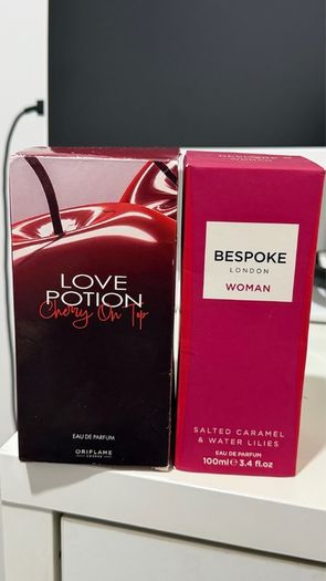 oriflame love potion cherry on top perfume and bespoke london salted caramel and water lilies perfume