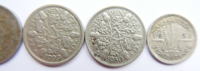 Vintage Silver Coins Six Pence 1921-1929-1930-1933 and 3 Pence 1951 12,3g