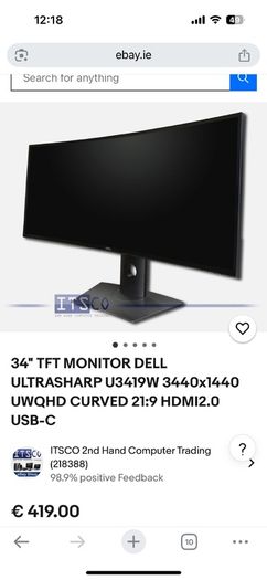 Dell U3419w USB-C Hub Gaming / Work Curve Monitor 4k