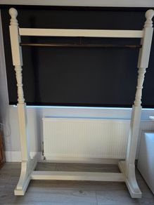 Clothing Rail On Wheels.  Cream wooden clothing Rail with metal hanging pole on wheels.  60e each or 2 for 100e   Height - 64 in  Width - 45 in  Depth - 17 in