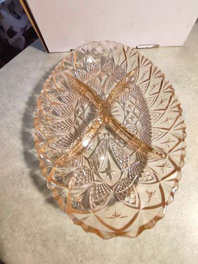 Rare find Stamped French pink glass serving dish, oval serving plate, hors d'oeuvres dish, divided oval pressed glass dish France, rosaline glass serving tray