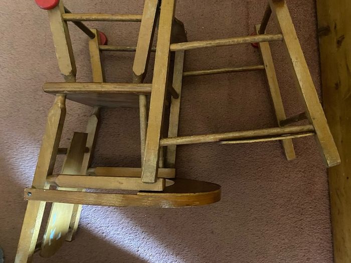 Vintage wooden doll high chair FROM THE 1930S featuring a built-in play tray with a wire bead
