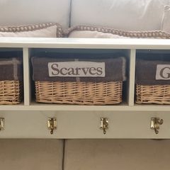 Coat hooks with shelves and baskets