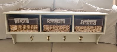 Coat hooks with shelves and baskets