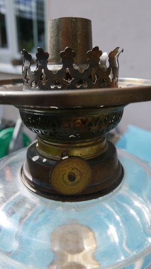 Vintage Victorian oil lamp CAST IRON BASE with Bristol  bowl