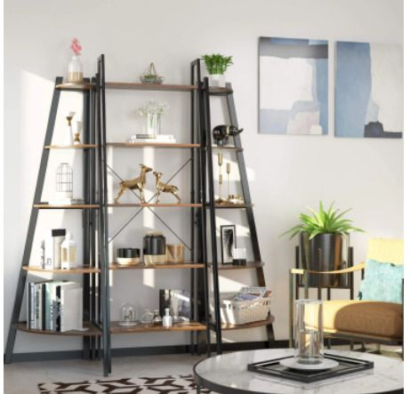 5 Tier Rustic Corner Bookshelf Small Bookcase Plant Stand for Living Room
