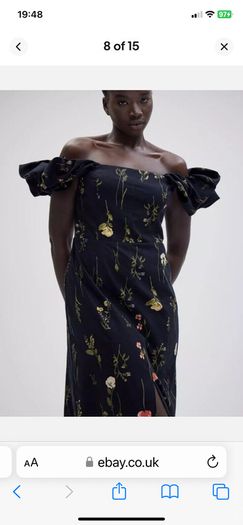 H&M Black Floral Off-the-shoulder Linen Cotton Midi Dress