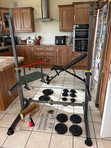 Nice Gym Set, Heavy Weight Bench, Squat Racks, Metal Weights, Bars, Chin Up  + More!!