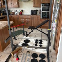 Nice Gym Set, Heavy Weight Bench, Squat Racks, Metal Weights, Bars, Chin Up  + More!!