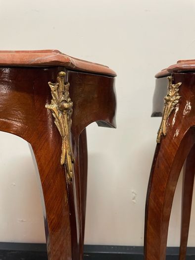 FLASH SALE ! Was 395 now 320 ! Pair of Marquetry & Brass Occasional Tables with Marble Tops.