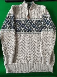 Aran Crafts Celtic Jacquard Zip Sweater | Oatmeal size L