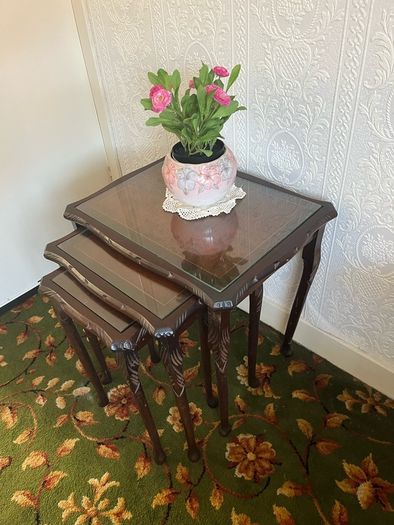 Vintage Mahogany Nest of 3 Tables with Glass Tops