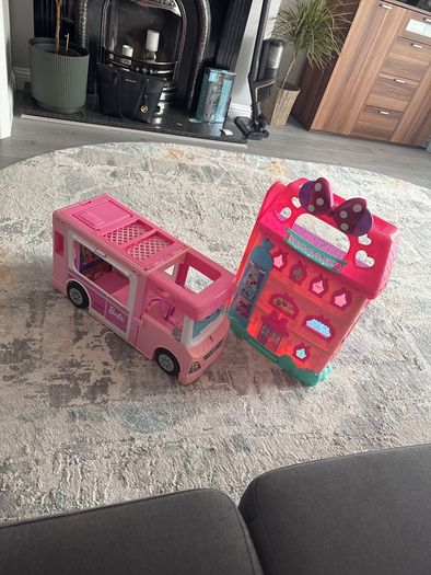 Barbie truck and Minnie Mouse house