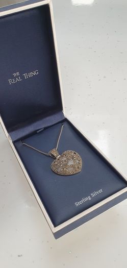 Antique sterling silver jewelled heart pendant mounted on mother of pearl base necklace Rrp 250