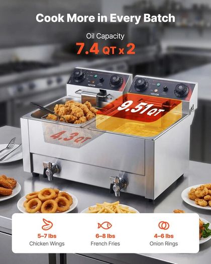 Electric Deep Fryer, Upgrade Dual Tank 14 L Oil Capacity Overheat Protection