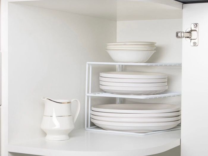 Corner Plate Rack For Kitchen Cupboards | Square Add a shelf White Plate Stacker Organiser