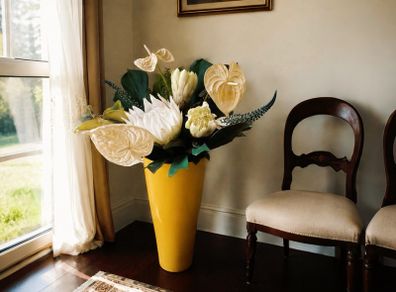 Large Yellow Ceramic Vase  with Premium Faux Floral Arrangement