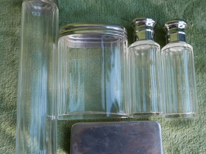 Antique Edwardian 1800s Set 5  Apothecary Bottles Ground-Glass Stoppers, Glass Vanity Pin Bottles Jars
