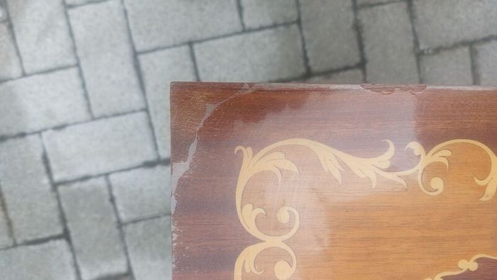 Vintage Mid Century Side Table with a Handmade Marquetry Panel Top Featuring a Floral Motif, Unknown Maker, Presume Italian-Made, Condition Issues, Needs Restoring