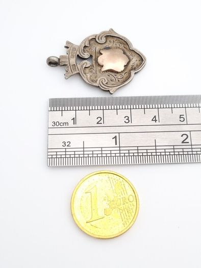 Antique 925 Sterling Silver Heraldic Fob Pendant, Rose Gold Detail Shield, Chester 1920