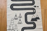 OYOY Kids play mat Adventure Rug 180cm x 70cm roads teepees organic cotton
