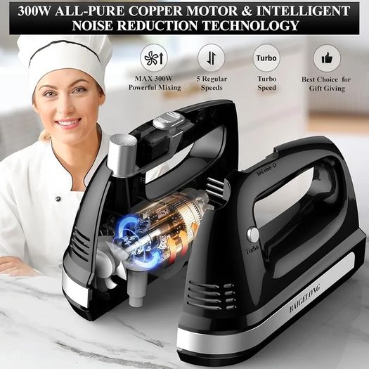 Hand Electric Mixer, 300W Ultra Power Food Kitchen Mixer with 5 Self-Control Speeds + Turbo Boost, 5 Stainless Steel Attachments Handheld Blender for Baking, BLACK