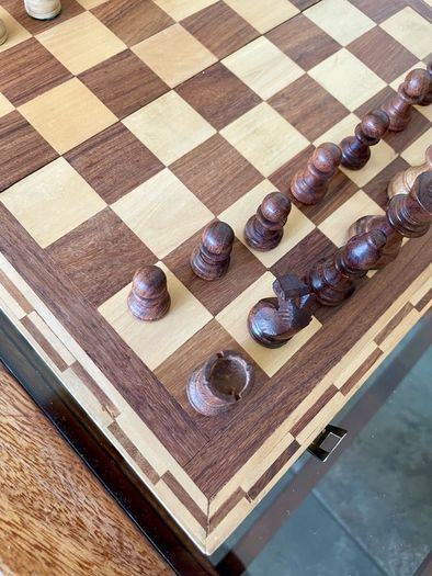 Vintage Marquetry Inlaid Folding Wooden Chess Board Chess Pieces Dice and Counters