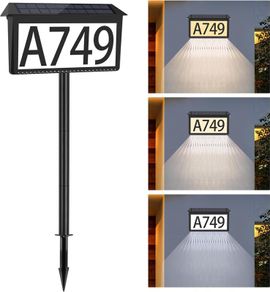Solar Address Sign, House Numbers for Outside Light Up, 3 Colors Waterproof LED Illuminated Numbers With Stake, Wall Mounted/In Ground Plaque for House