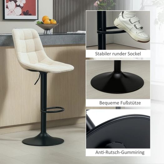 Modern Bar Stool, 2-Piece Set of Swivel Bar Chairs with Backrest, Height-Adjustable, with Footrest, Padded, Beige