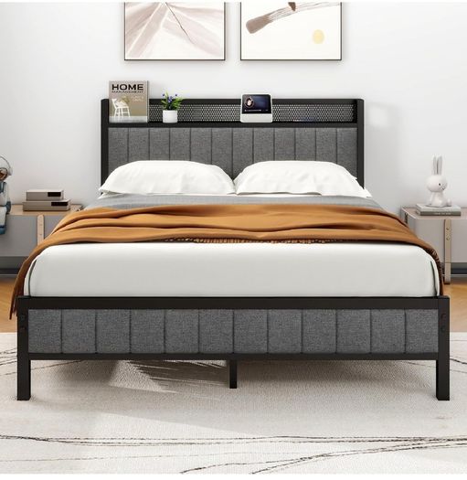 King Size Bed Frame with Storage and Headboard Shelf