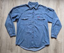 Men's  classic mid wash blue denim long sleeve shirt, XL