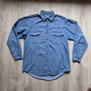 Men's  classic mid wash blue denim long sleeve shirt, XL
