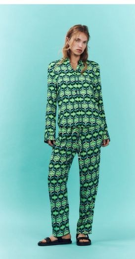 Fab Zara Bloggers Insta Famous Green Printed Co Ord Set Shirt and Wide Leg Trousers