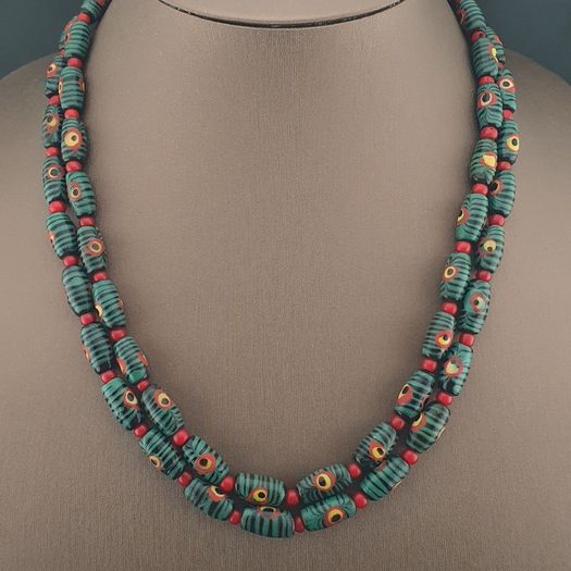 Antique Gabri Eyes Feather Desgin & Venetian Whiteheart Glass Beads Necklace