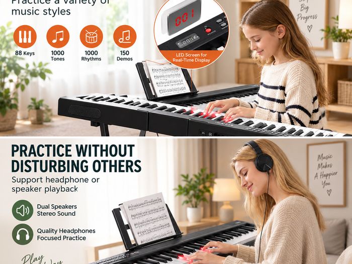 88 Key Semi Weighted Digital Piano Bluetooth MIDI Headphones