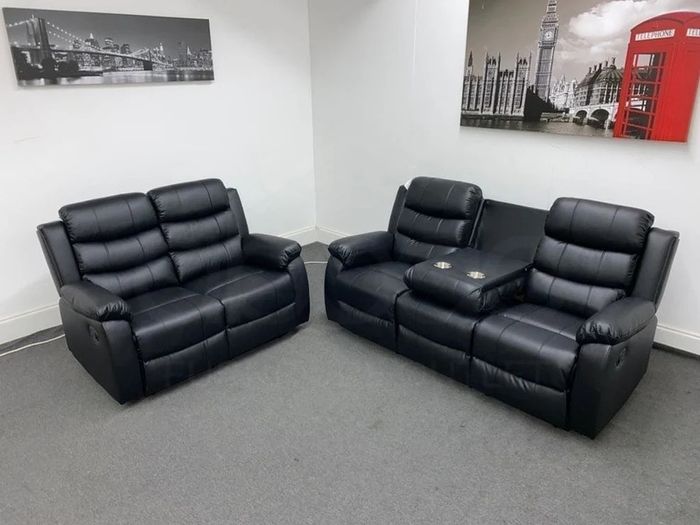 Roma Black Manual Leather Recliner Sofa Set