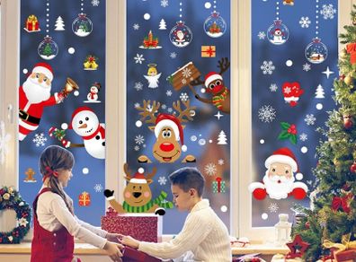 Christmas Window Clings, 218 Pcs Christmas Window Stickers, 10 Sheets Reusable Xmas Window Decals with Santa Claus Reindeer Snowman, Double-side Xmas Snowflake Window Clings for Winter Party Supplies (FREE POSTAGE)