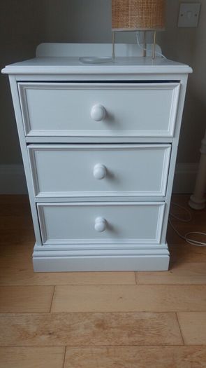 White bedroom set - 2-over-3 chest + pair of bedside lockers