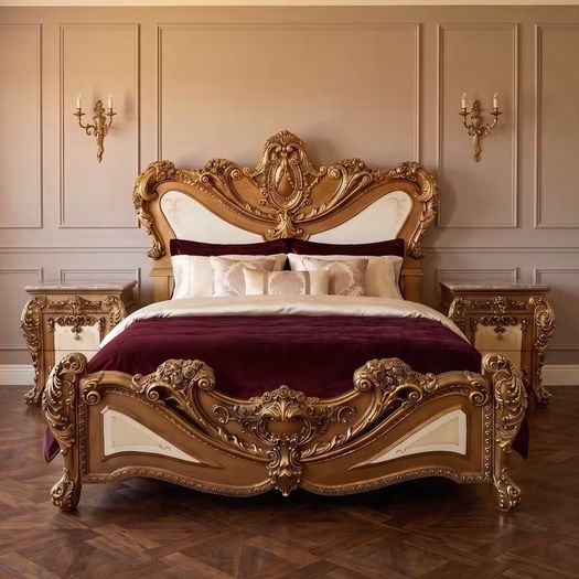 This is a very grand nice bed and two marble topped lockers.