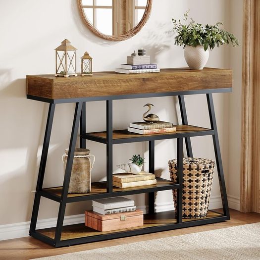 Industrial Narrow Console Table, 4-Tier with Storage Space