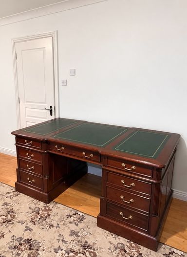 Large Executive Pedestal Writing Desk Green Leather Top