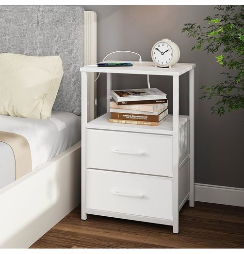 Bedside Table with Charging Station, Side Table with 2 USB Ports and Outlets, Nightstand with Cloth Drawer, Set of 2, End Table, White