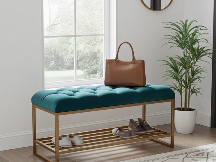 Teal Velvet Upholstered Bench with Gold Metal Shoe Rack