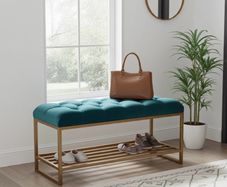 Teal Velvet Upholstered Bench with Gold Metal Shoe Rack