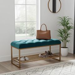 Teal Velvet Upholstered Bench with Gold Metal Shoe Rack