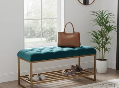Teal Velvet Upholstered Bench with Gold Metal Shoe Rack
