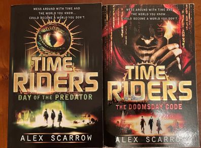 2 Time Riders books by Alex Scarrow Day of The Predator & The Doomsday Code.