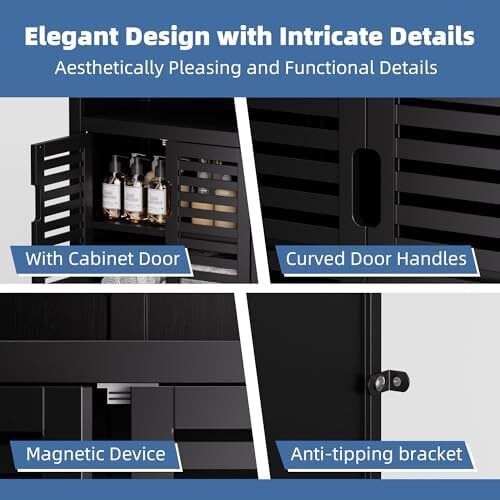 Bathroom Cabinet, Bamboo Side Storage Organizer with 2 Doors and Removable Shelves, Freestanding Floor Cabinet for Living Room Kitchen Bedroom, Black