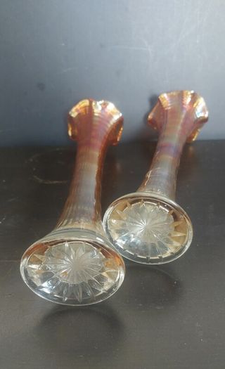 Fabulous Pair of Antique/Vintage Imperial Glass Company Carnival Glass Ripple Swung Vases in the Ombre Marigold Opalescent Colourway, Circa 1907 -1930, Priced as a Pair