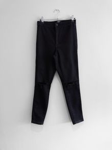 Pre Owned Missguided Petite Black High Waisted Ripped Knee Skinny Jeans
